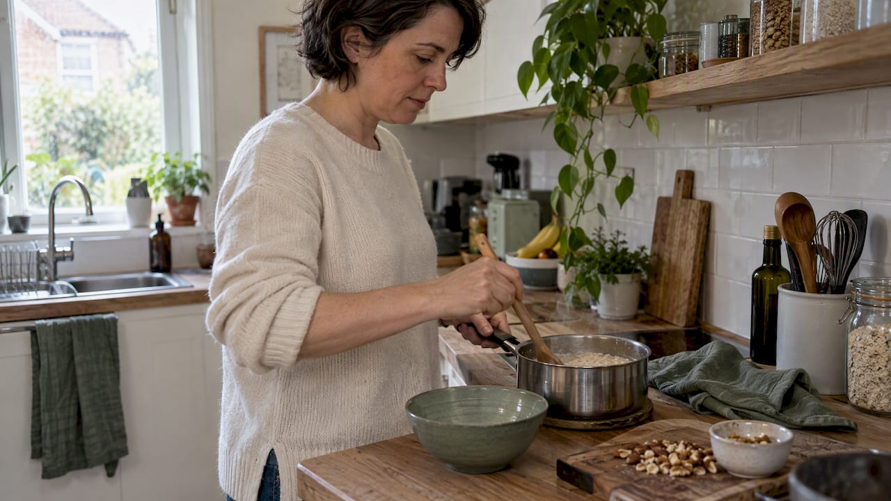 Woman stirring oat porridge in a home kitchen