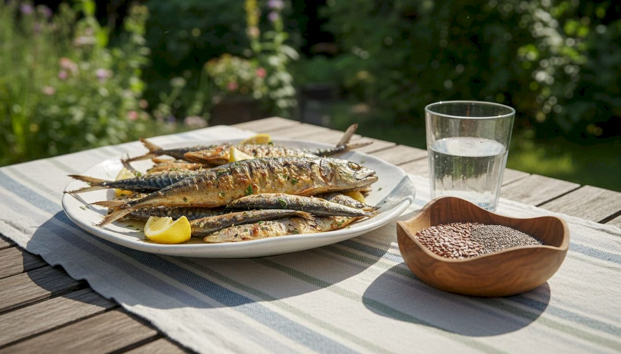 Grilled salmon plate with omega-3 foods