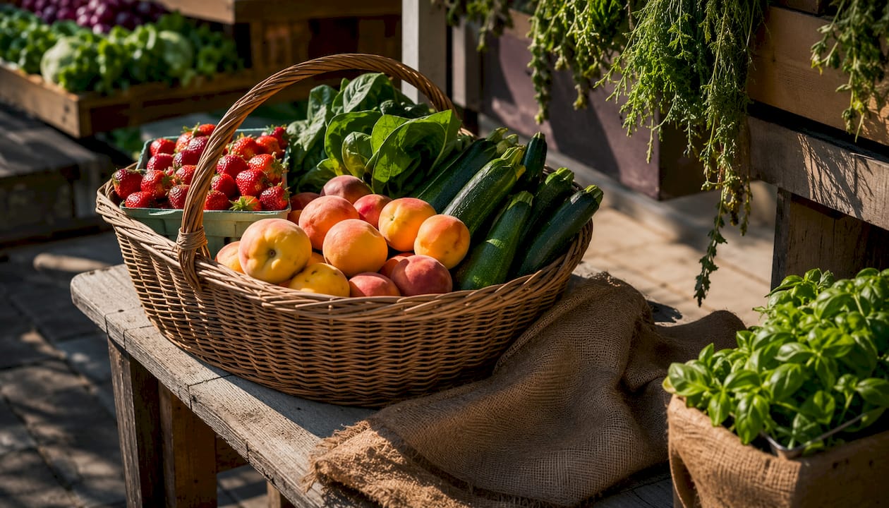 Baskets of colorful market fruits and vegetables