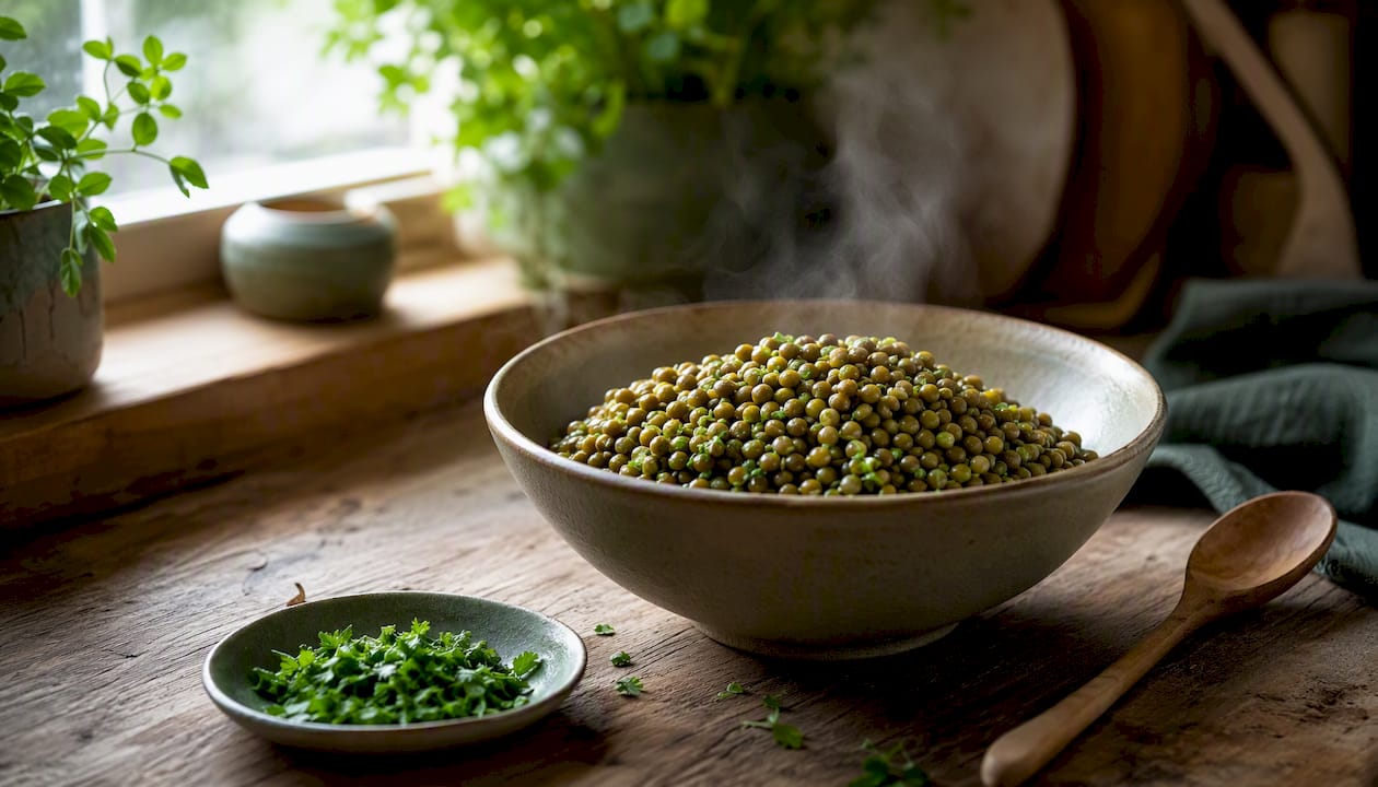 Bowl of cooked lentils with steam
