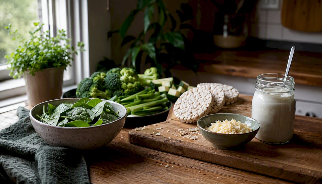 Low-fat food ingredients on rustic kitchen table