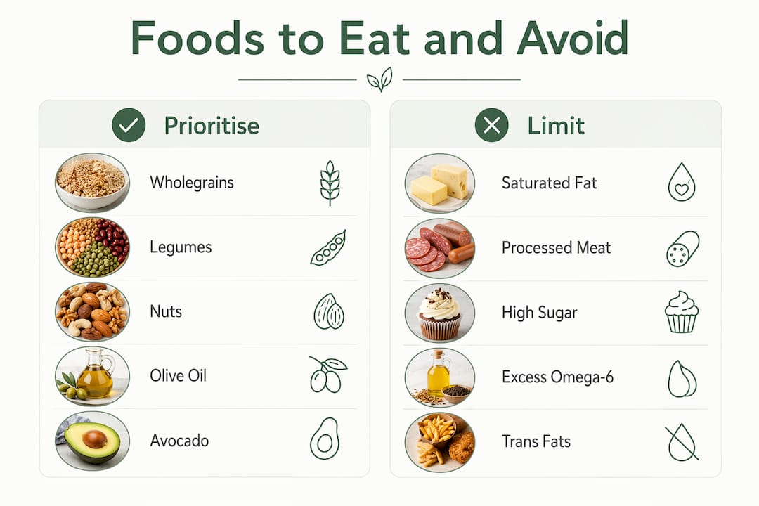 Infographic contrasting cholesterol-friendly foods and foods to limit