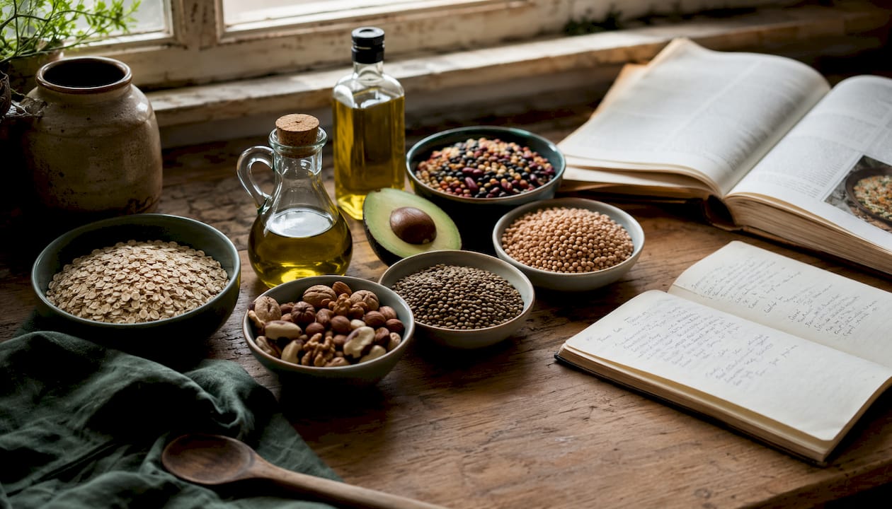 Top view of cholesterol-friendly foods on kitchen counter