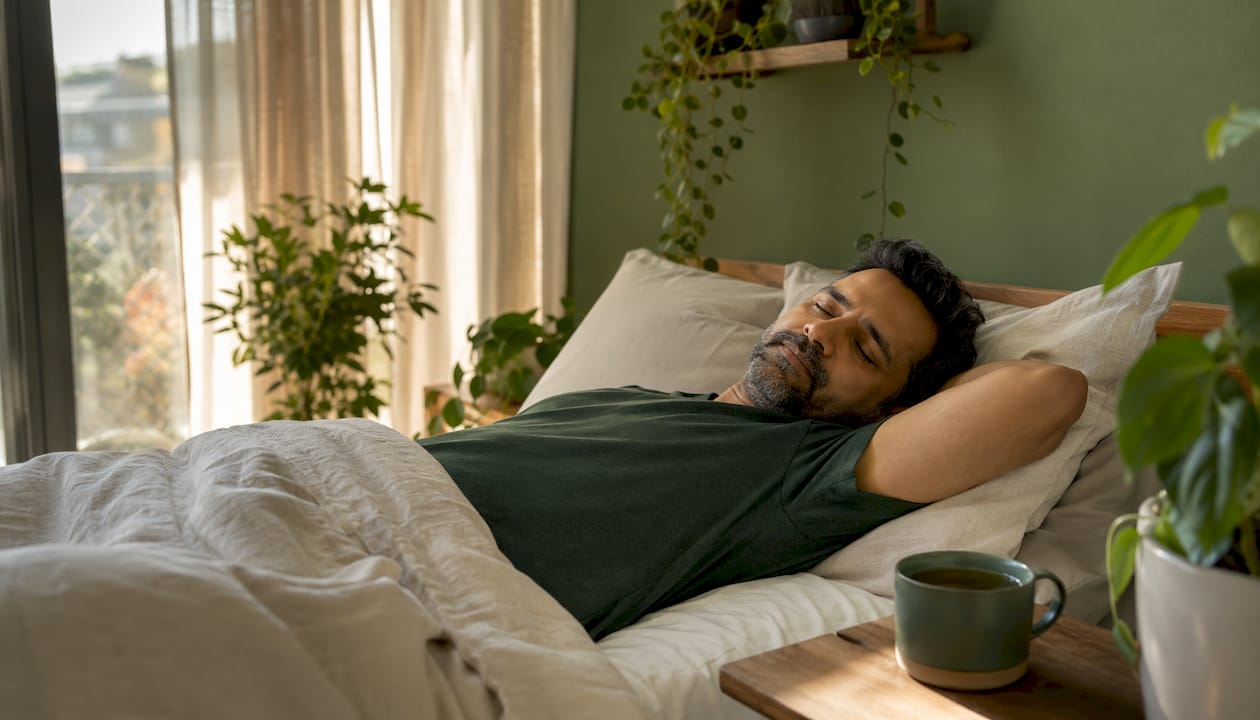 Man peacefully sleeping to regulate cortisol