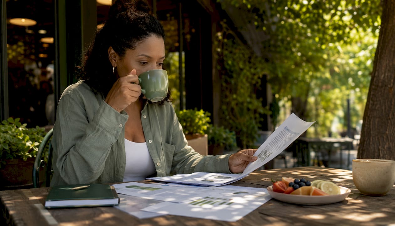 Woman reading cortisol and weight research papers