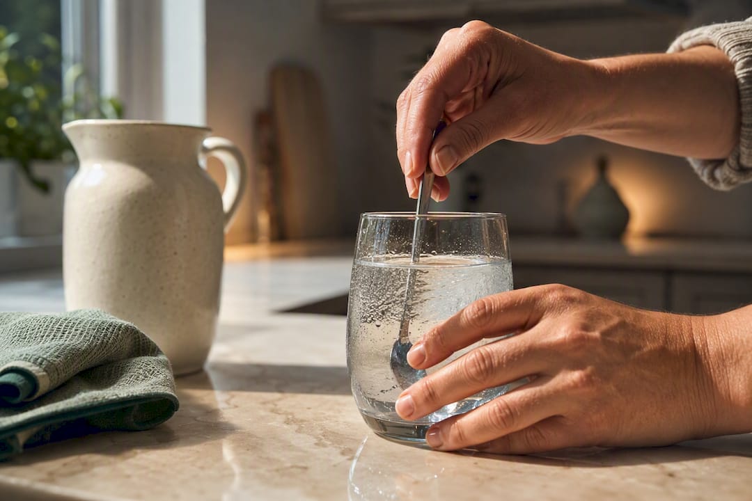 Hands stirring an oral rehydration drink
