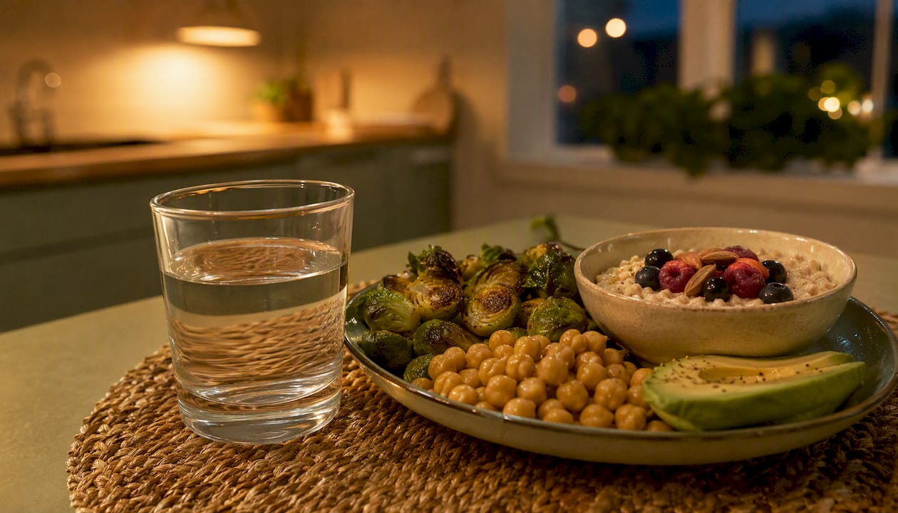 Glass of water next to high fiber foods