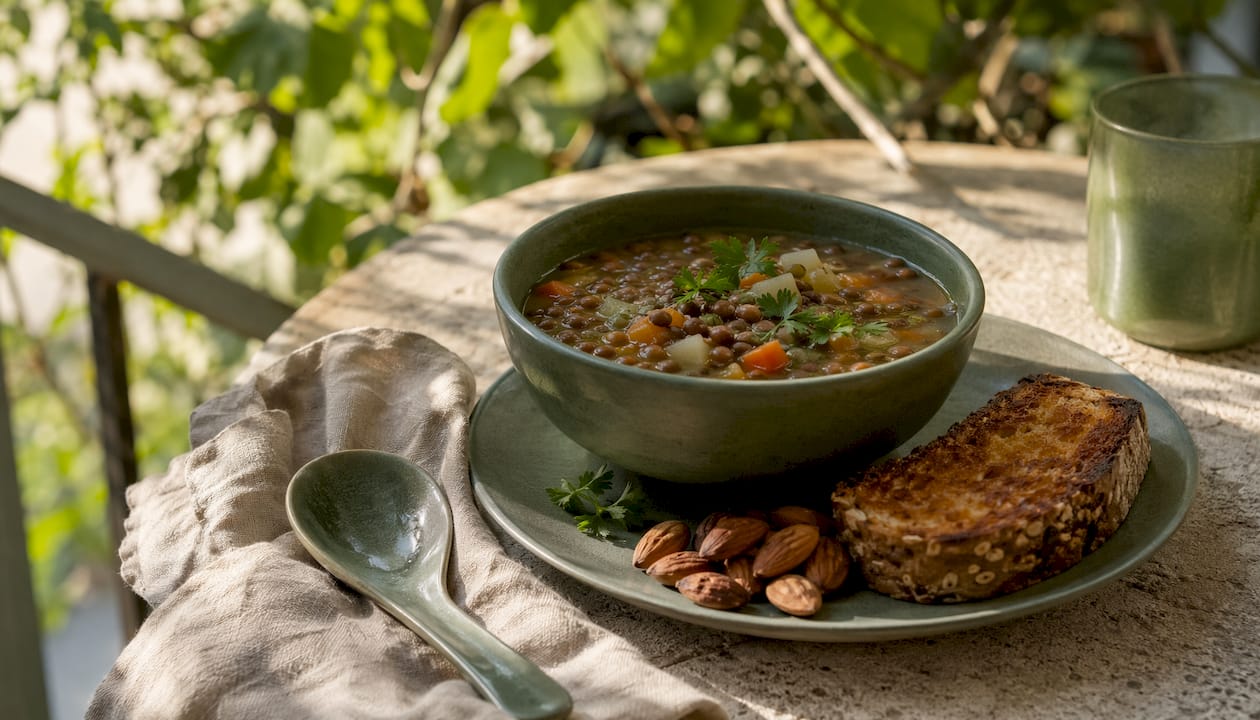 Close-up of healthy lentil soup meal