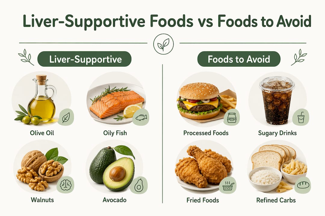 Infographic comparing liver-supportive and liver-stressing foods