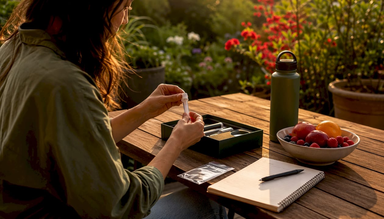Hands preparing functional test sample kit at home