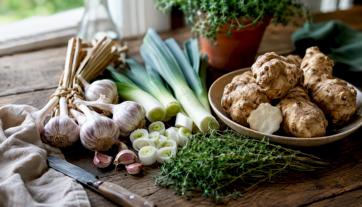 Rustic board with fresh prebiotic vegetables