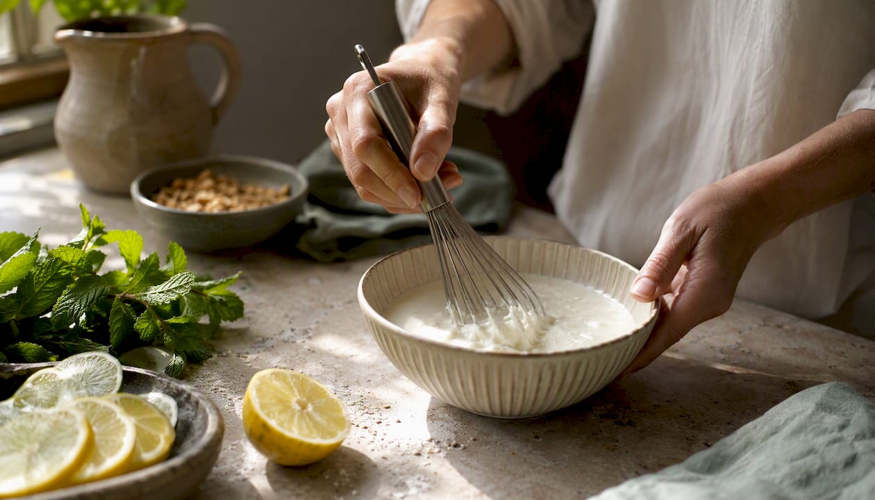 Hands preparing gut healing fermented foods bowl