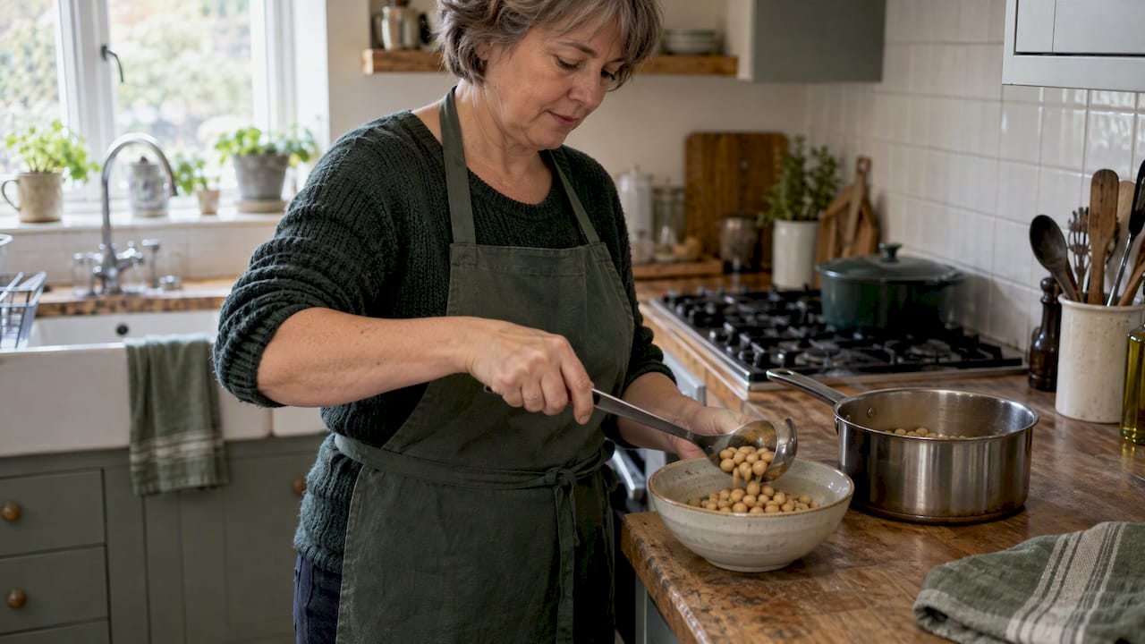 Woman portioning cooked soybeans in kitchen