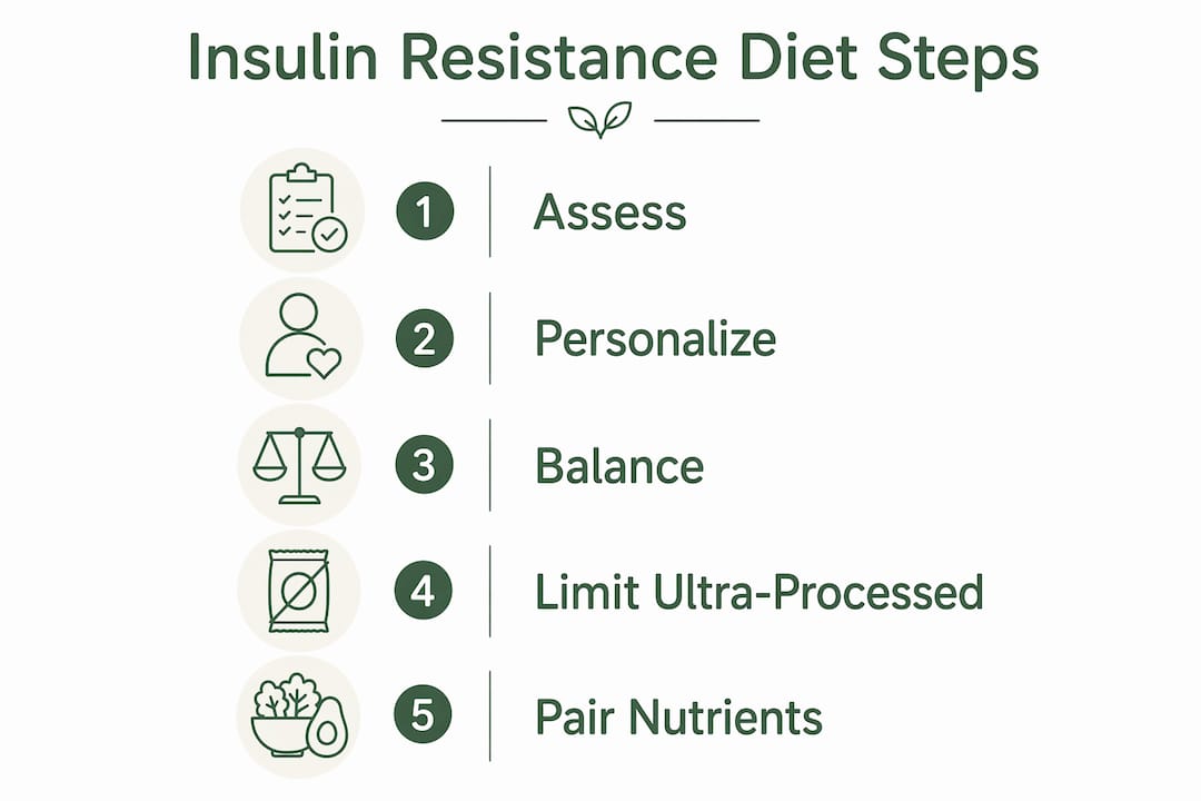 Infographic illustrating five key steps for insulin resistance diet