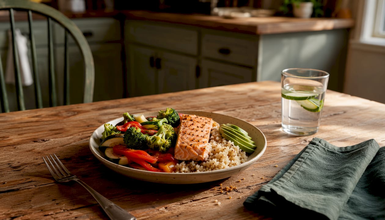 Overhead view of balanced meal plate with vegetables and protein