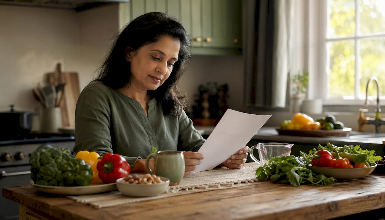 Woman reviewing personalized insulin resistance diet plan at kitchen table