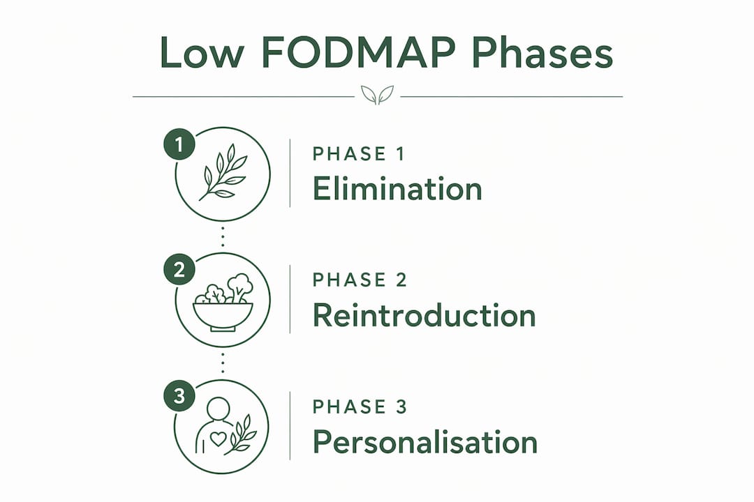 Infographic illustrating the three low FODMAP diet phases in sequence