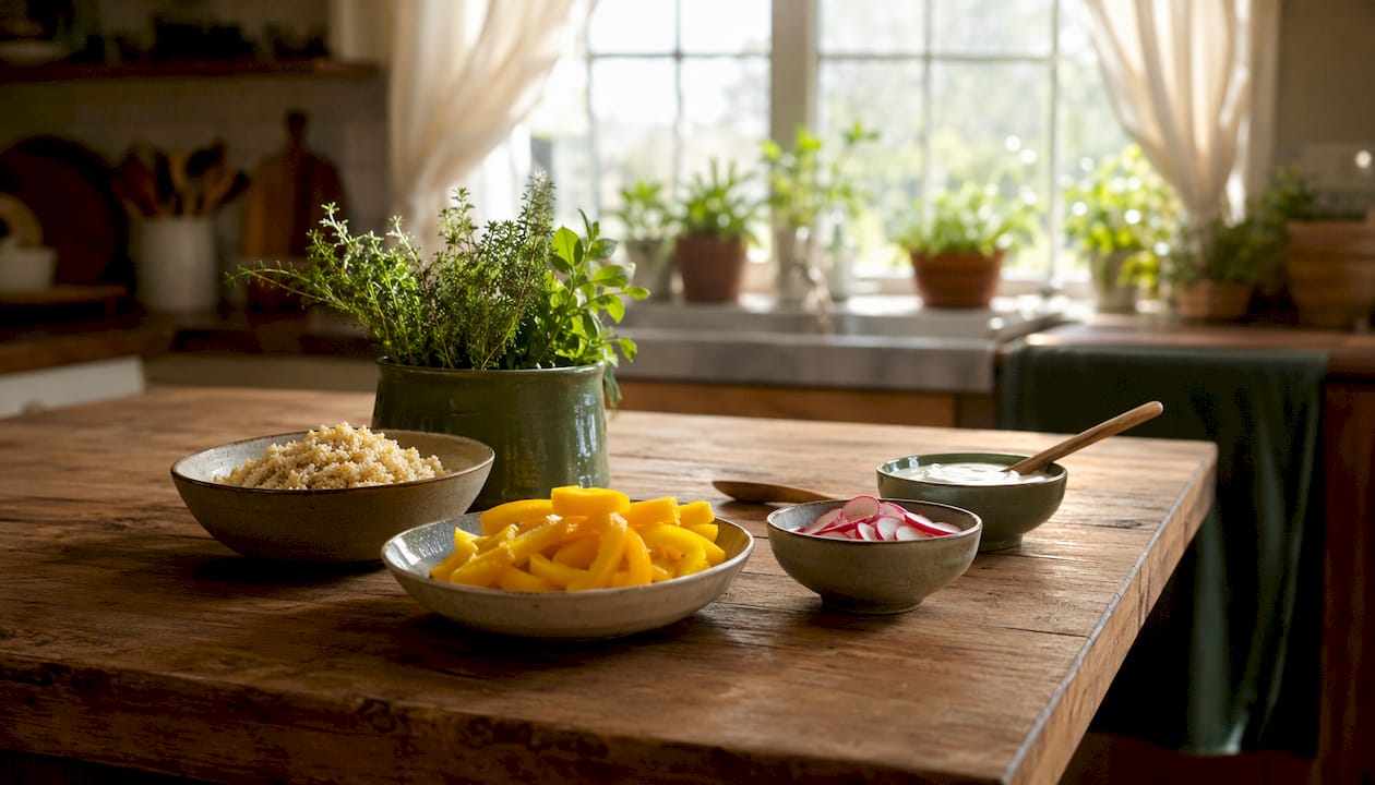 Low FODMAP elimination phase foods on table overhead view