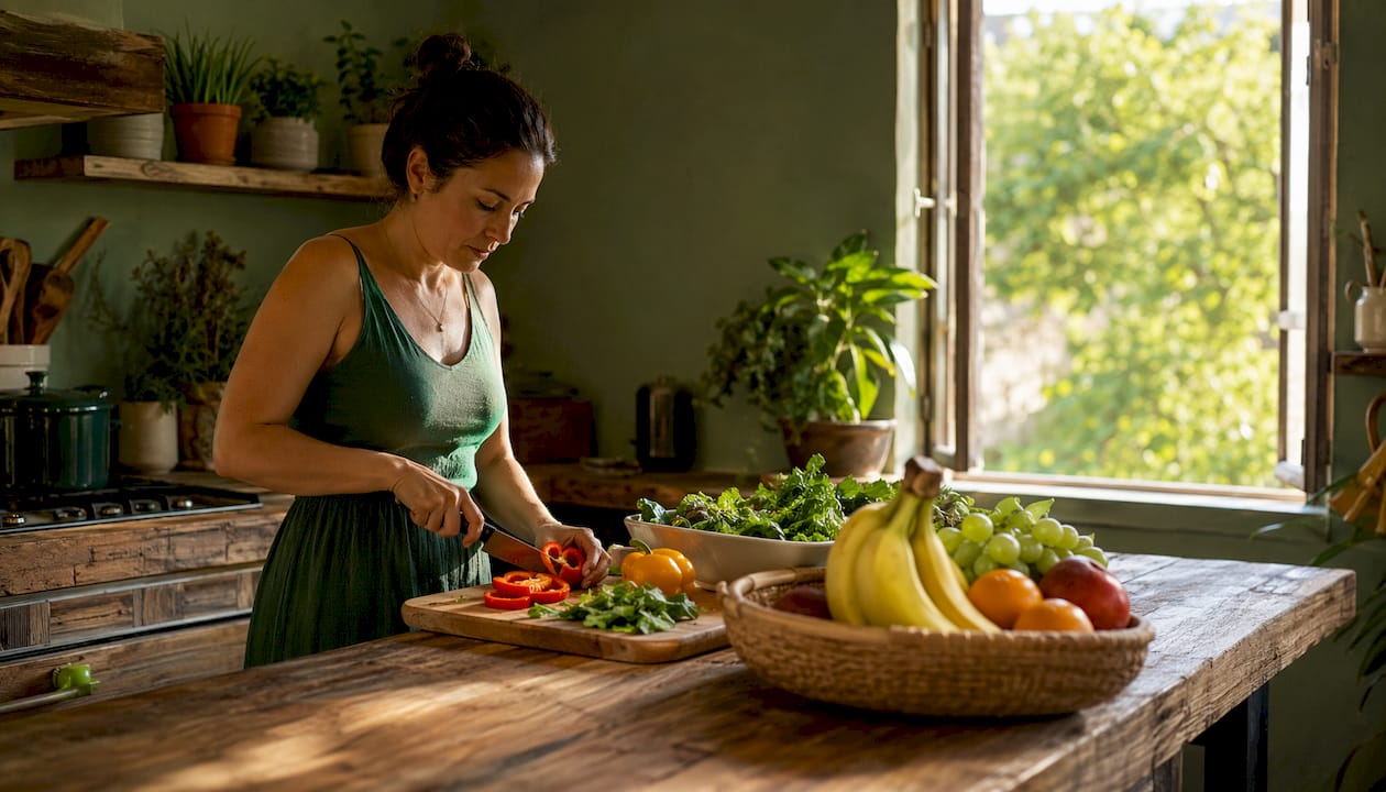 Woman preparing low FODMAP meal in kitchen