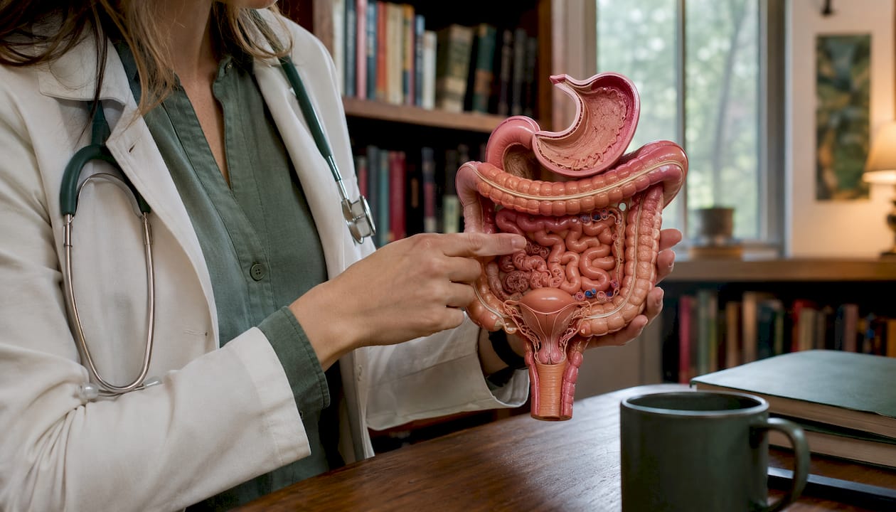 Doctor explaining female gut anatomy model