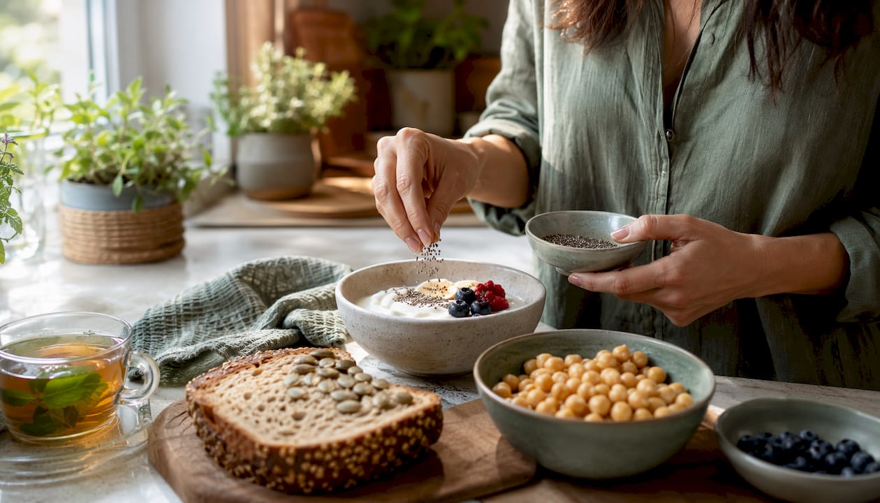 Hands adding fiber to porridge with healthy foods