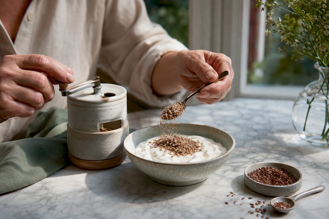 Grinding flaxseed for a menopause-friendly breakfast