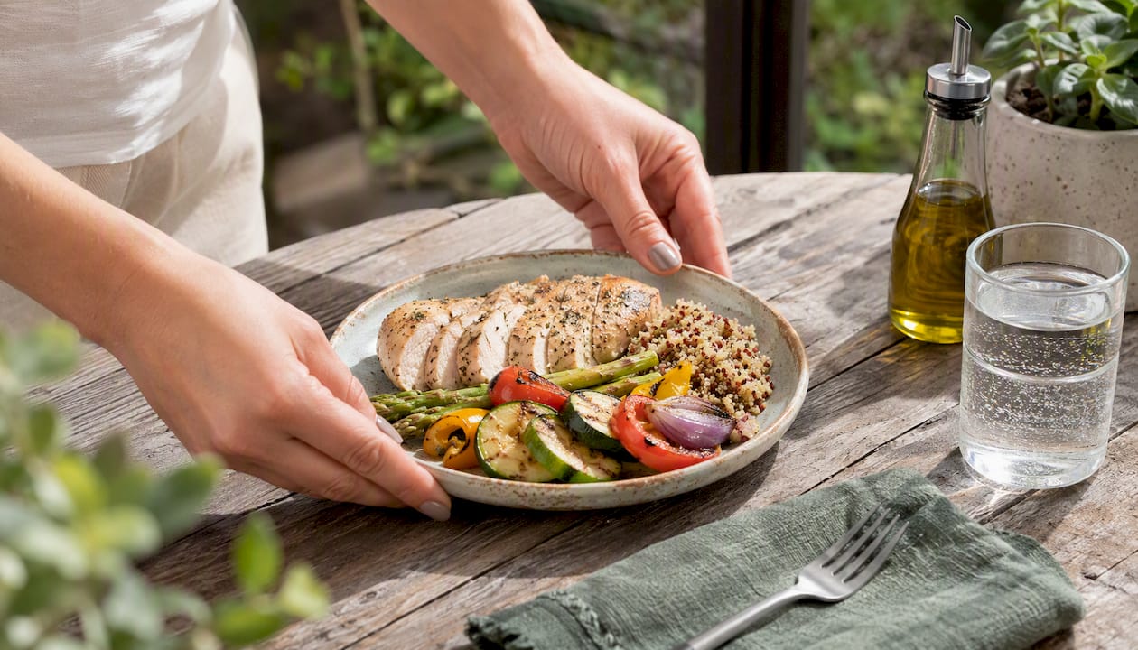 Hands assembling a balanced PCOS diet plate