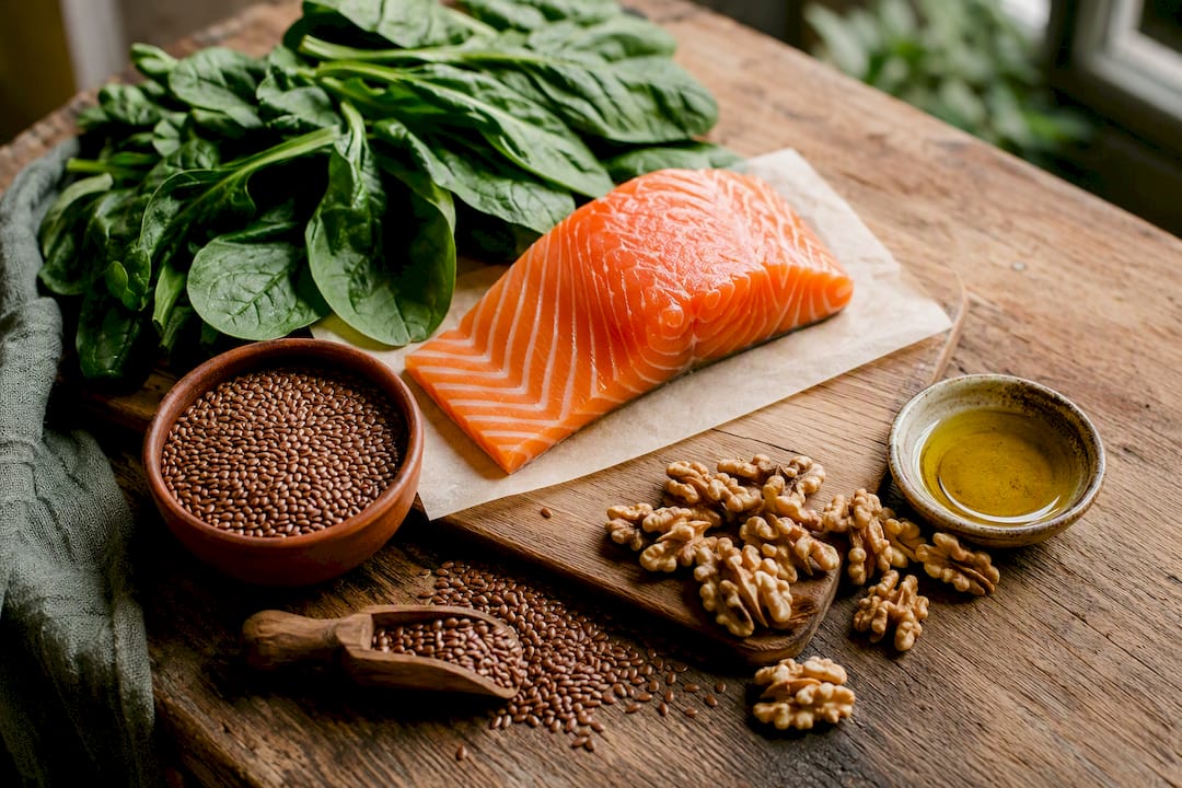Omega-3 rich foods on rustic wooden table