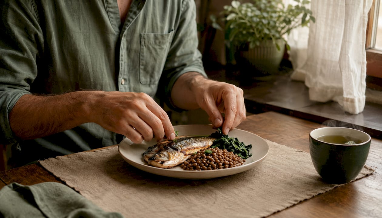 Hands plating protein-rich meal from above