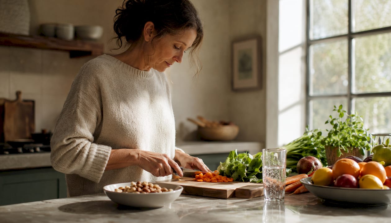 Woman preparing nutrient-rich meal in kitchen