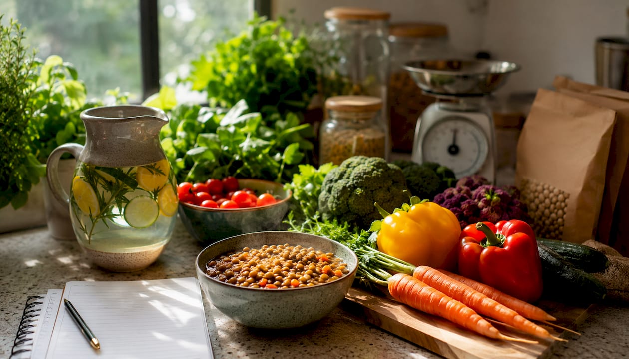 Overhead shot of high-fibre foods and hydration items on table