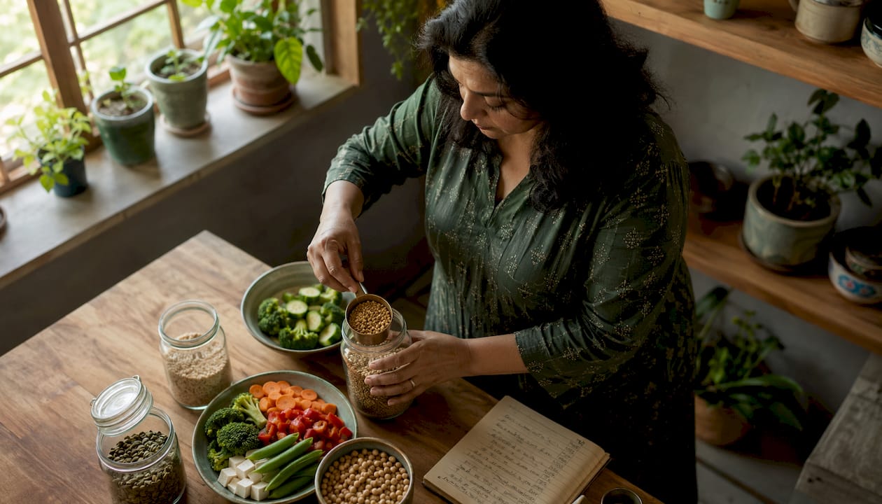Woman preparing balanced prediabetes meal at home kitchen