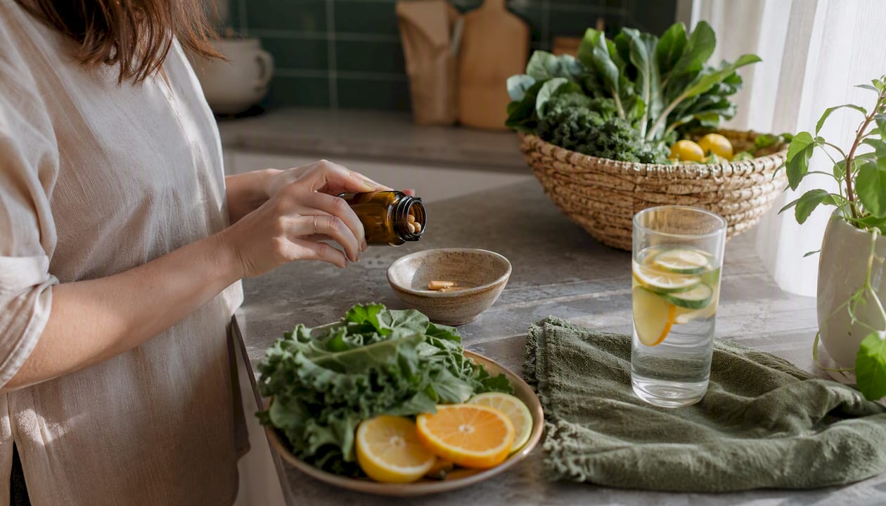 Hands pouring prenatal vitamins onto kitchen counter