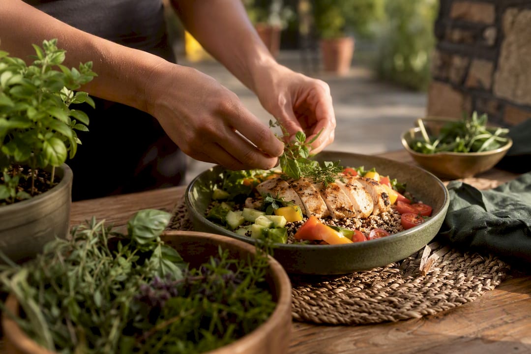 Hands plating personalized healthy meal