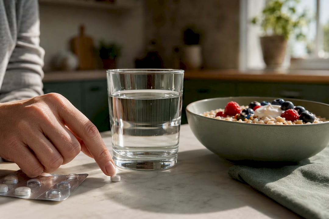 Tablet, water and balanced breakfast
